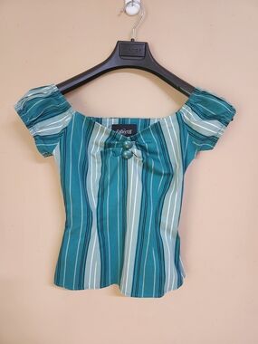 Collectif Teal and White Striped Puff Sleeve Blouse